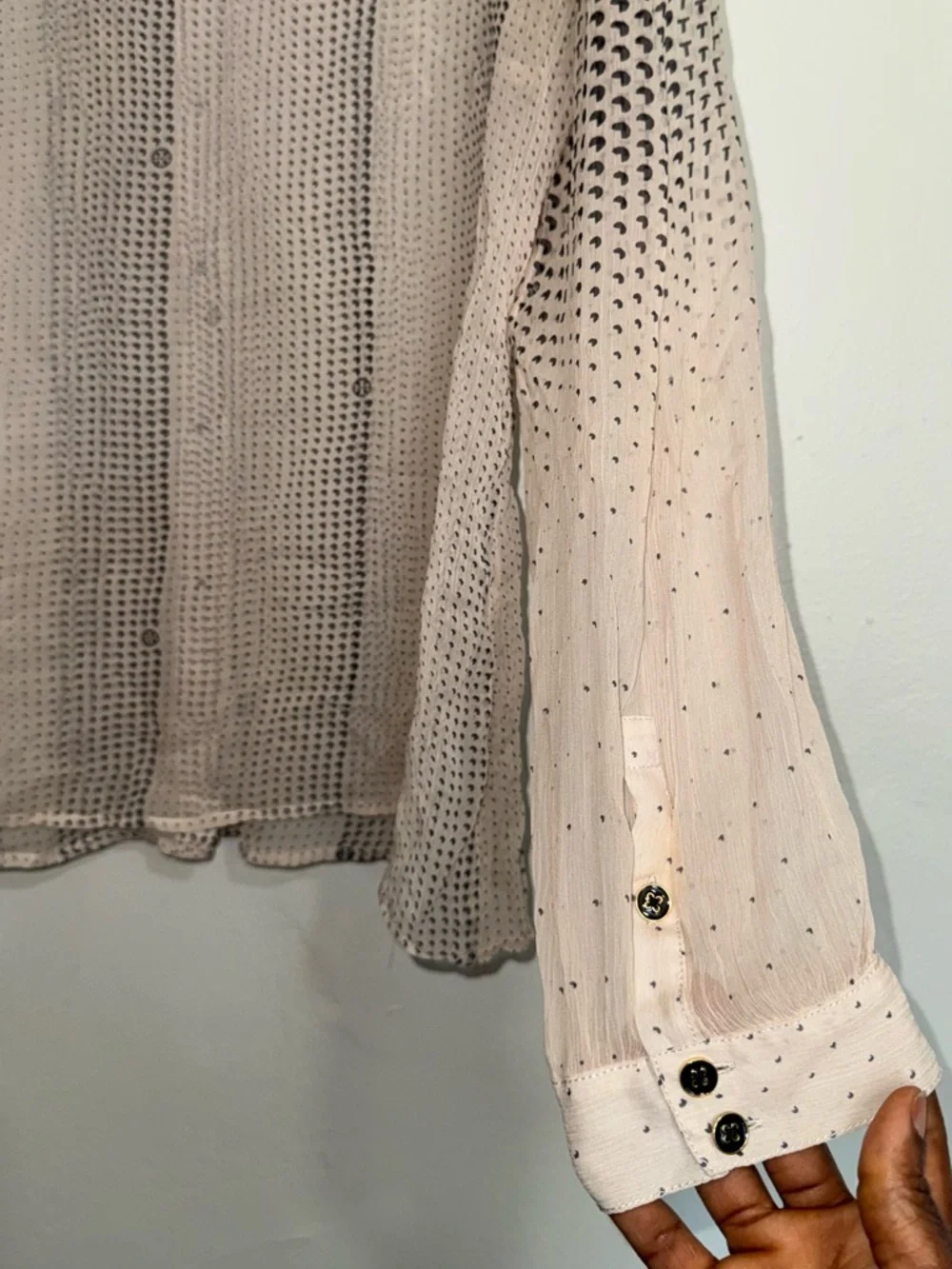 Tory Burch Silk Detachable Scarf Sheer Button-Down in Beige and Black Dot